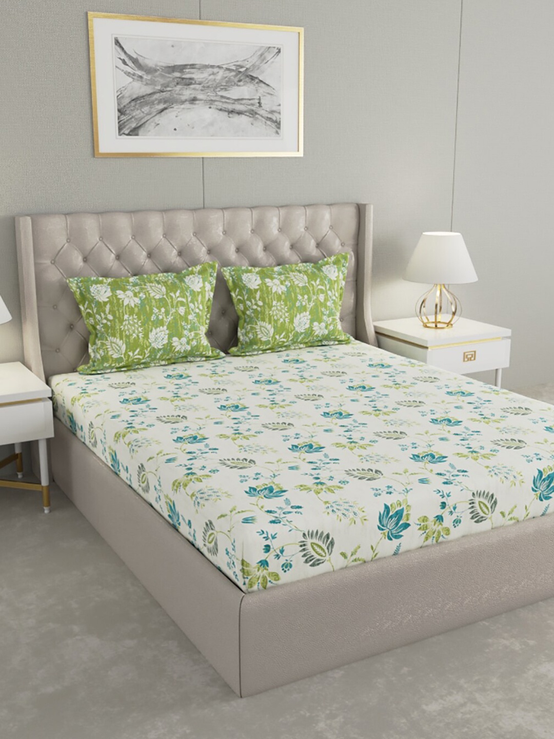 

Raymond Home Green & White Floral Cotton 140 TC Queen Bedsheet With 2 Pillow Covers