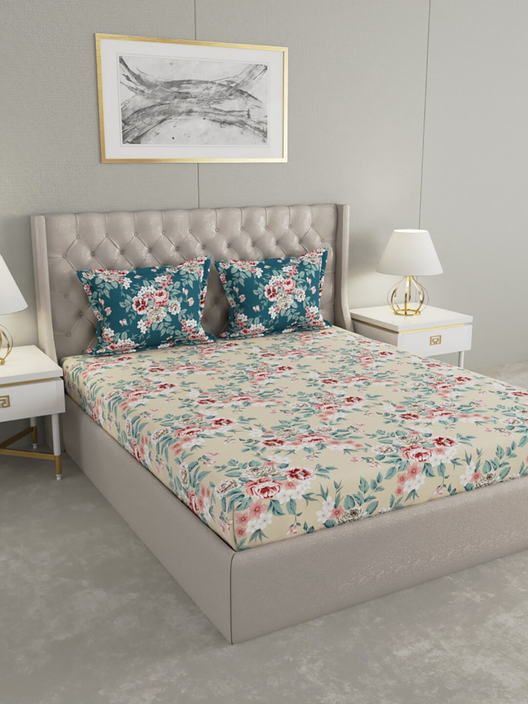

Raymond Home Camphor Cream-Coloured Floral 140 TC Queen Bedsheet with 2 Pillow Covers, Brown