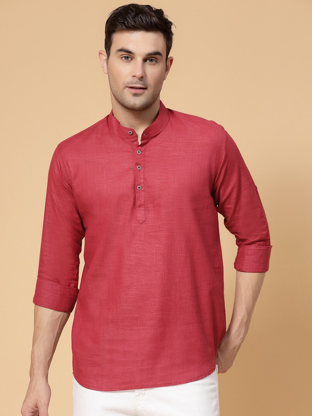 

allan peter Band Collar Straight Short Cotton Kurta, Maroon