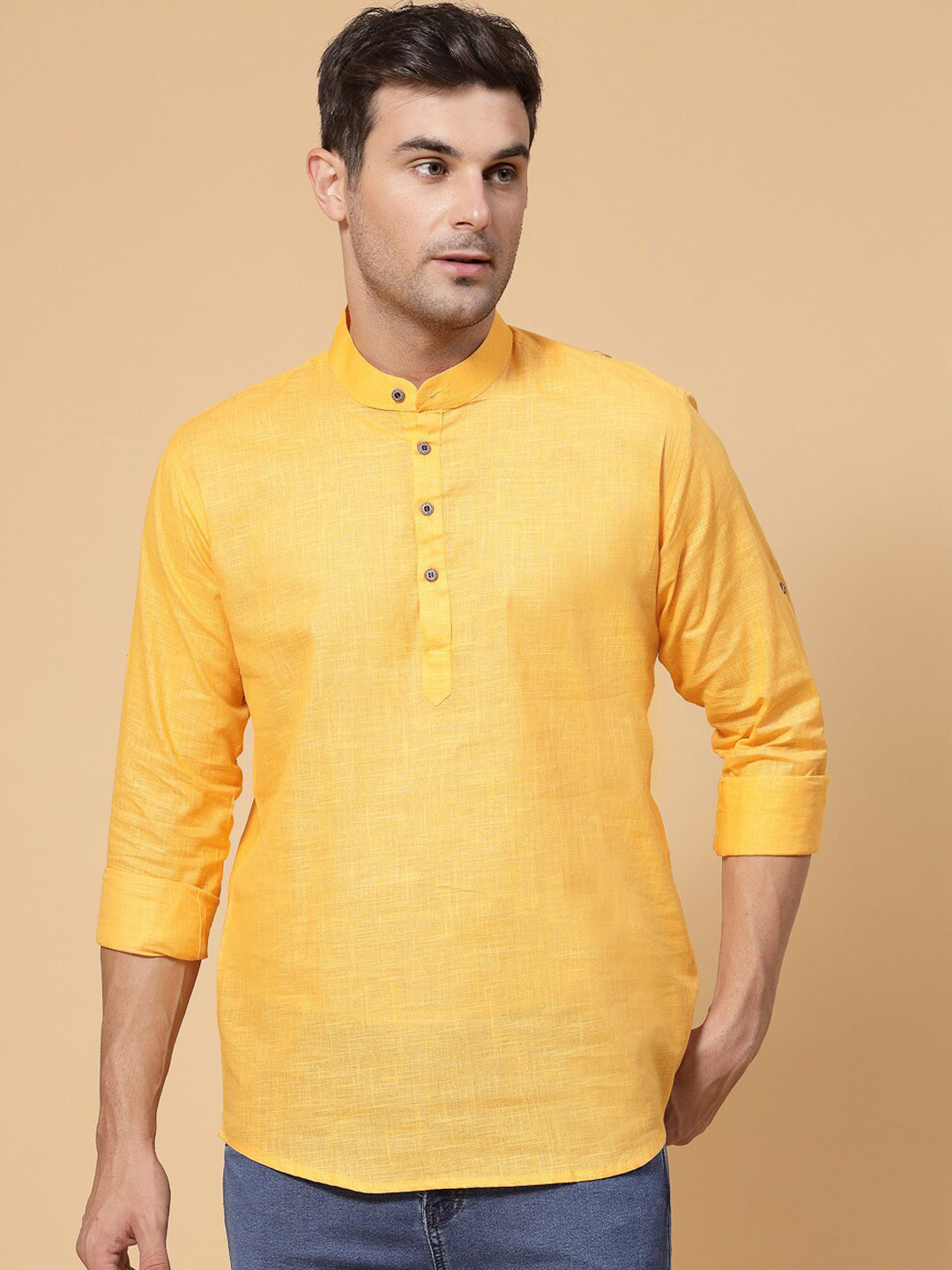 

allan peter Band Collar Straight Short Cotton Kurta, Yellow