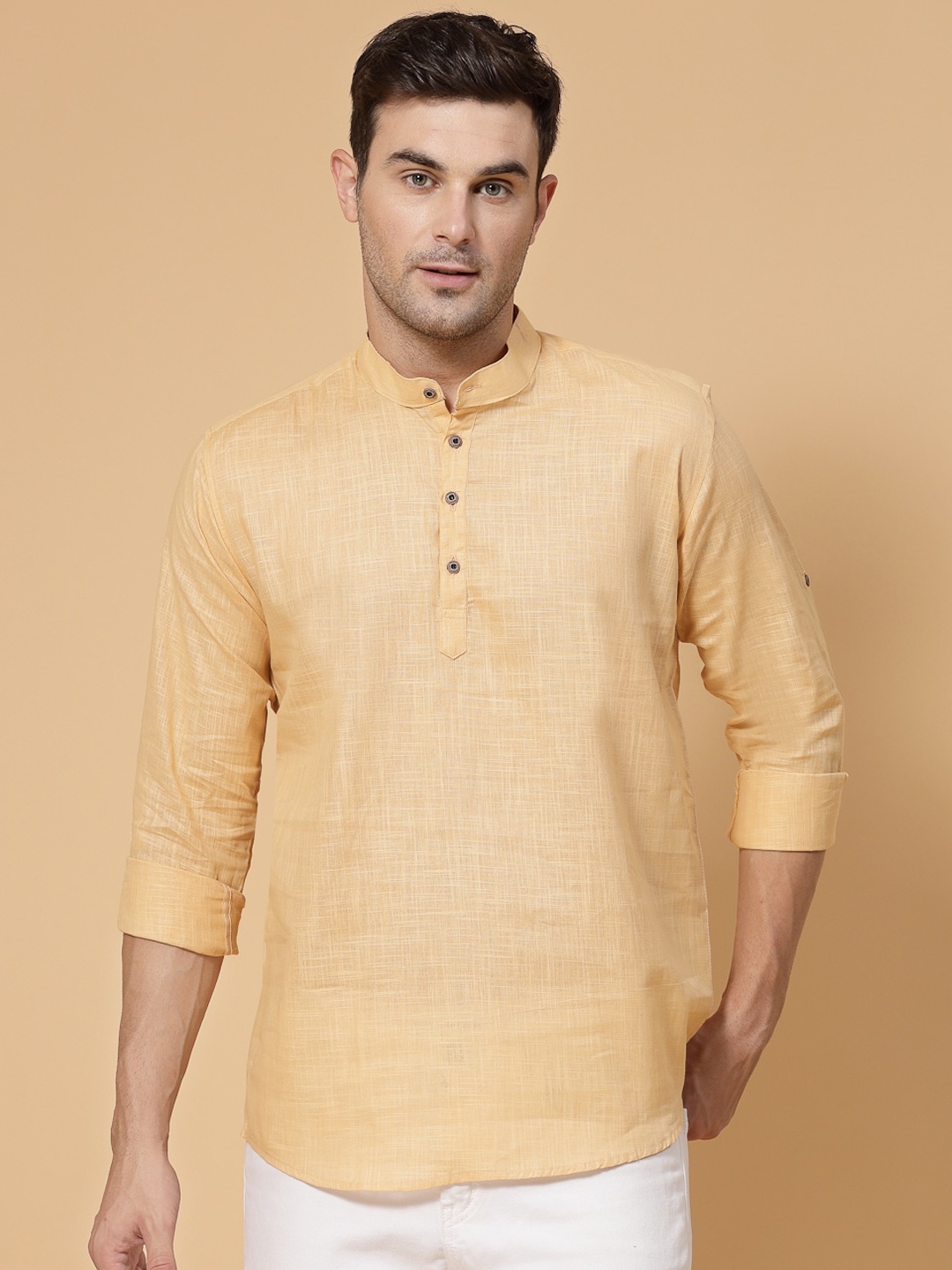 

allan peter Mandarin Collar Roll-Up Sleeve Pure Cotton Kurta, Beige