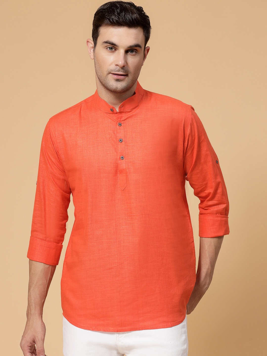 

allan peter Mandarin Collar Roll Up Sleeves Cotton Short Kurta, Orange