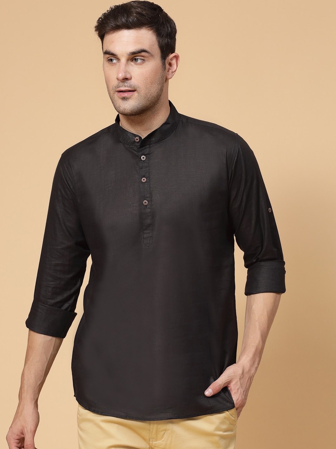 

allan peter Band Collar Straight Short Cotton Kurta, Black