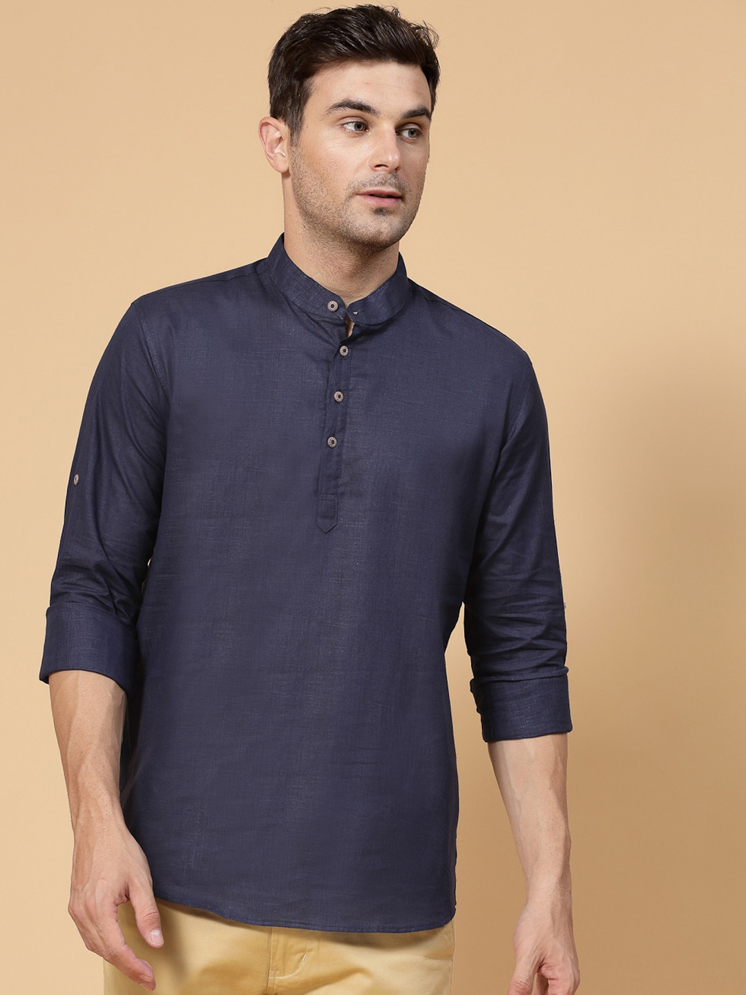 

allan peter Mandarin Collar Roll-Up Sleeve Pure Cotton Kurta, Navy blue