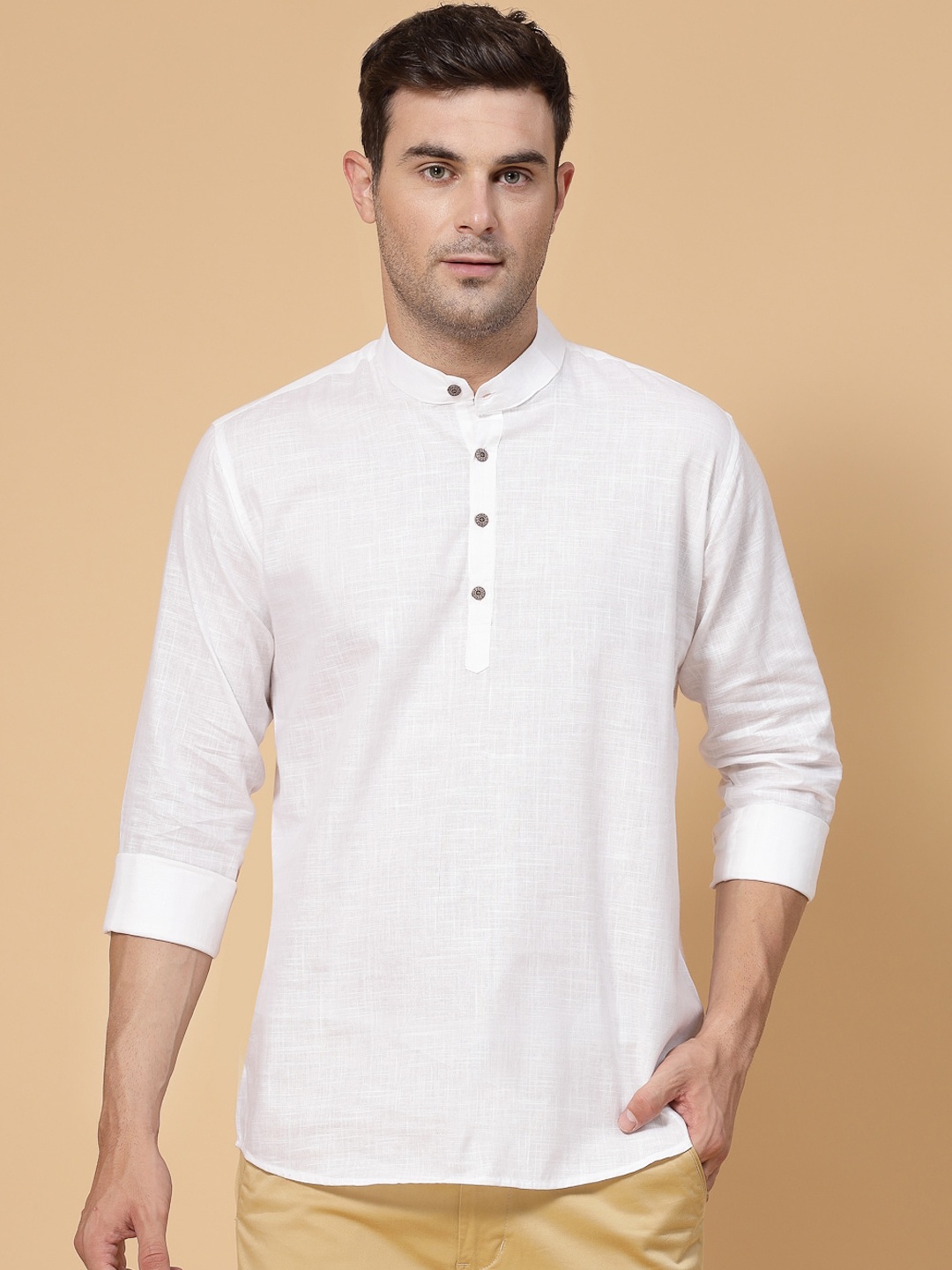 

allan peter Band Collar Straight Short Cotton Kurta, White