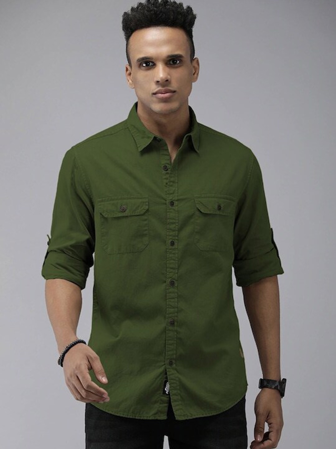 

Roadster Spread Collar Roll-Up Sleeves Twill Pure Cotton Casual Shirt, Green
