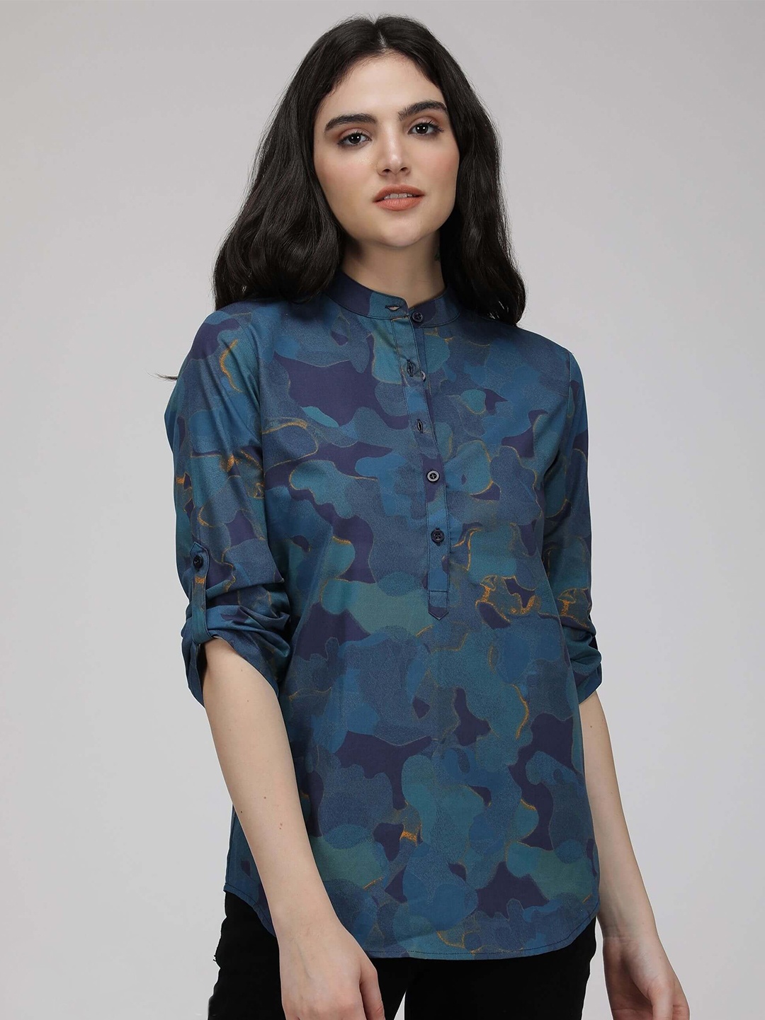 

IDK Camouflage Printed Mandarin Collar Roll-Up Sleeves Shirt Style Top, Blue