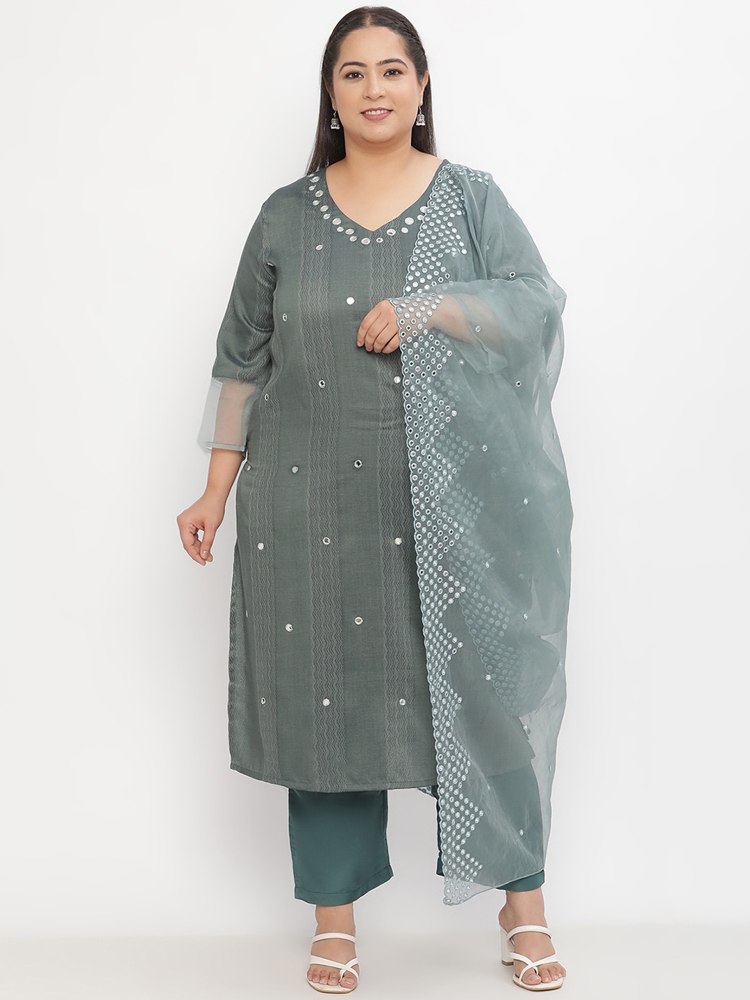 

Sringam Plus Size Embroidered Mirror Work Regular Kurta with Trousers & Dupatta, Green