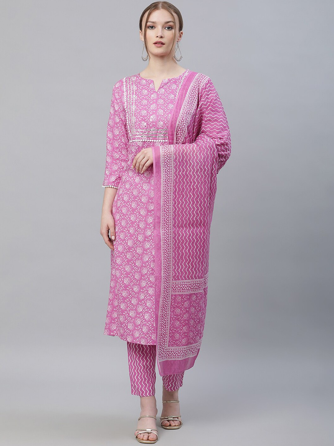 

Sringam Floral Printed Zari Regular Kurta with Trousers & Dupatta, Purple