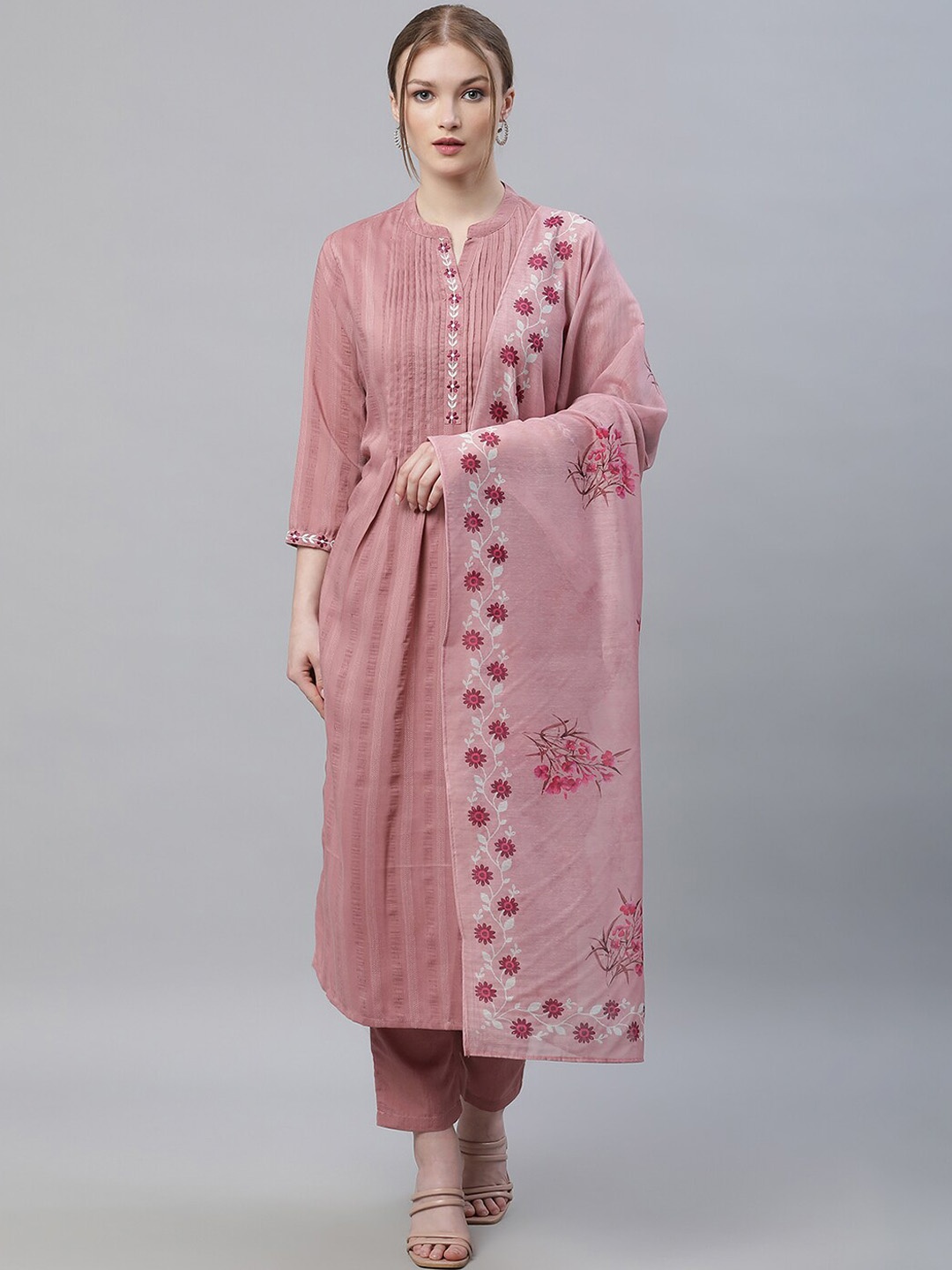 

Sringam Floral Printed Embroidered Pleated Regular Kurta with Trousers & Dupatta, Mauve