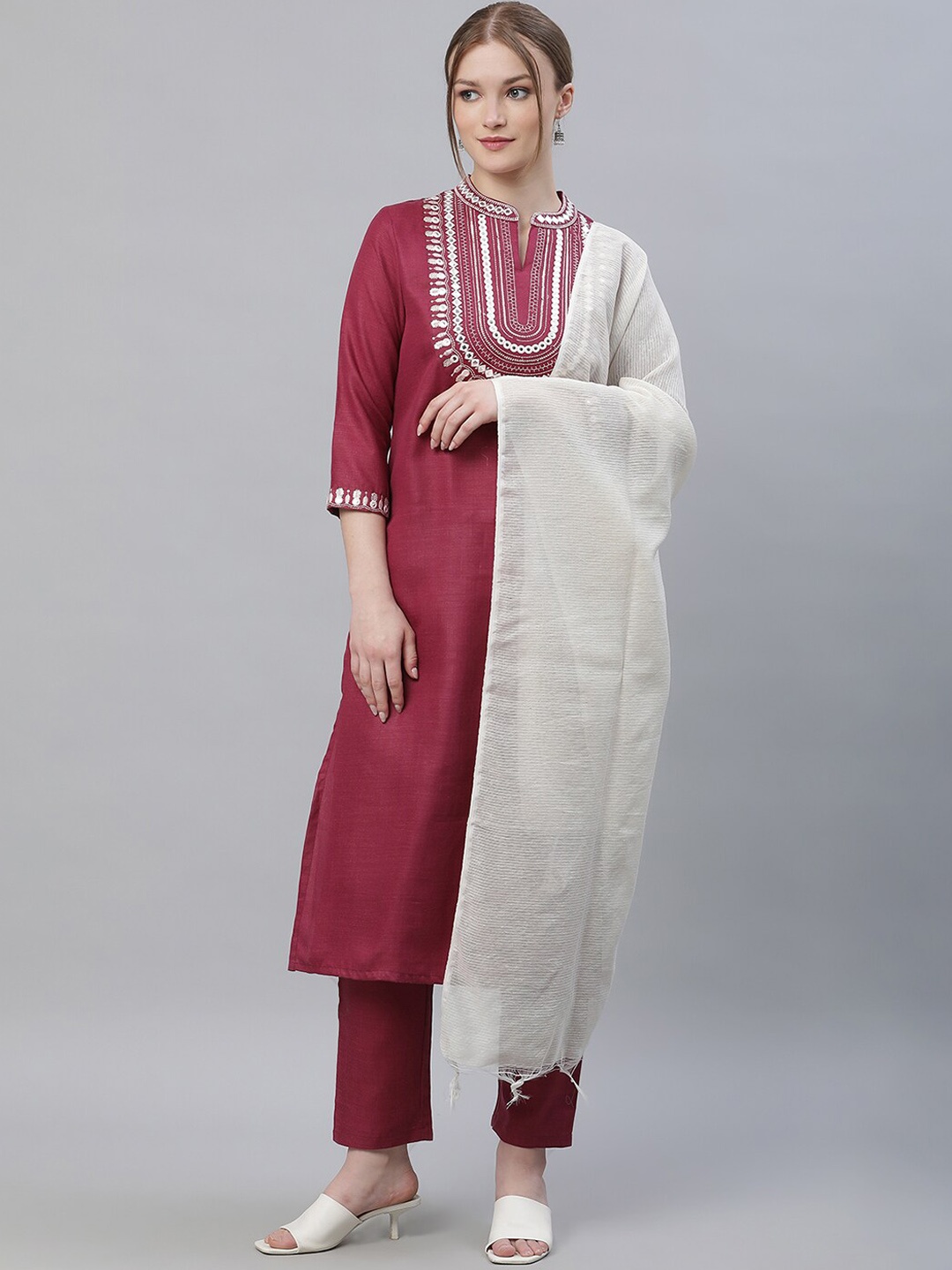 

Sringam Embroidered Mirror Work Regular Kurta & Trousers With Dupatta, Purple
