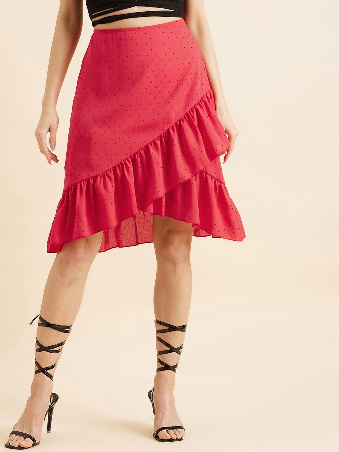 

PANIT Red Polka Dots Printed Ruffled A-Line Skirt