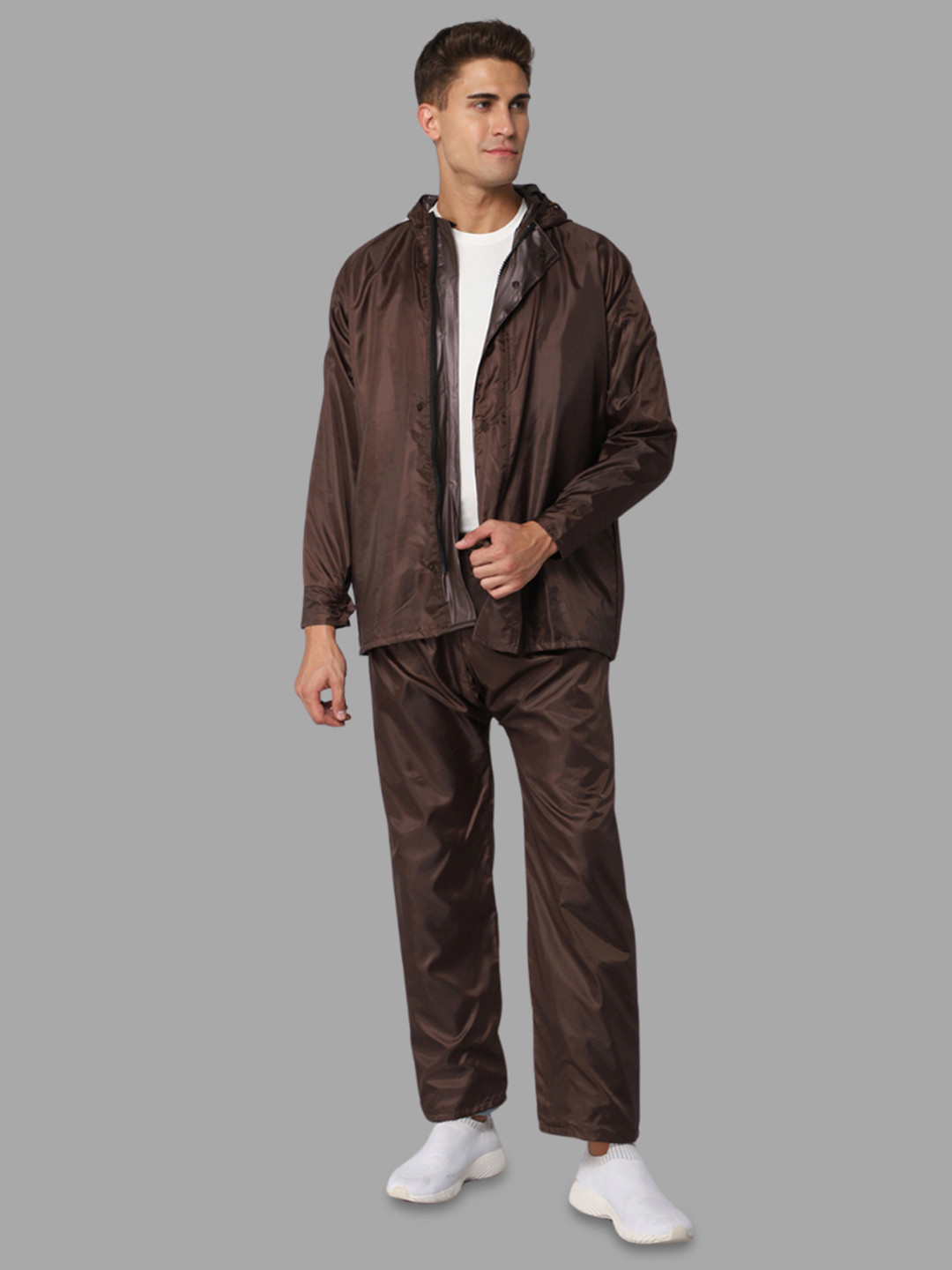 

THE CLOWNFISH Waterproof Reversible Hooded Rain Suit, Brown