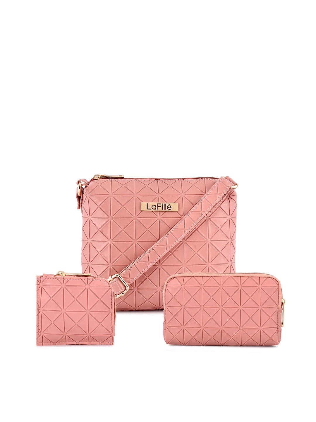 

LaFille Set Of 3 Textured Structured Sling Bag & Wallets, Pink