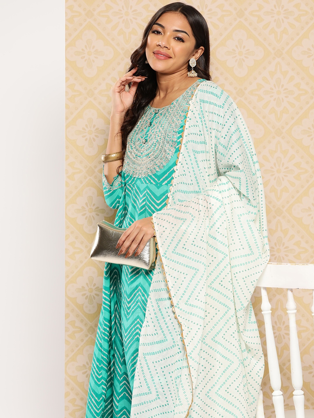 

Yufta Embroidered Zari Pure Cotton Kurta with Trousers & Dupatta, Turquoise blue