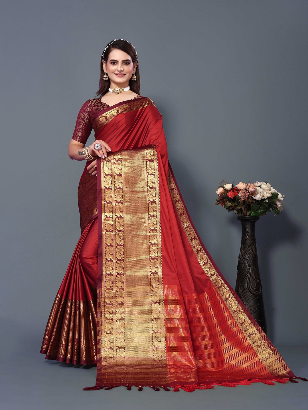 

Mitera Woven Design Zari Silk Cotton Banarasi Saree, Red