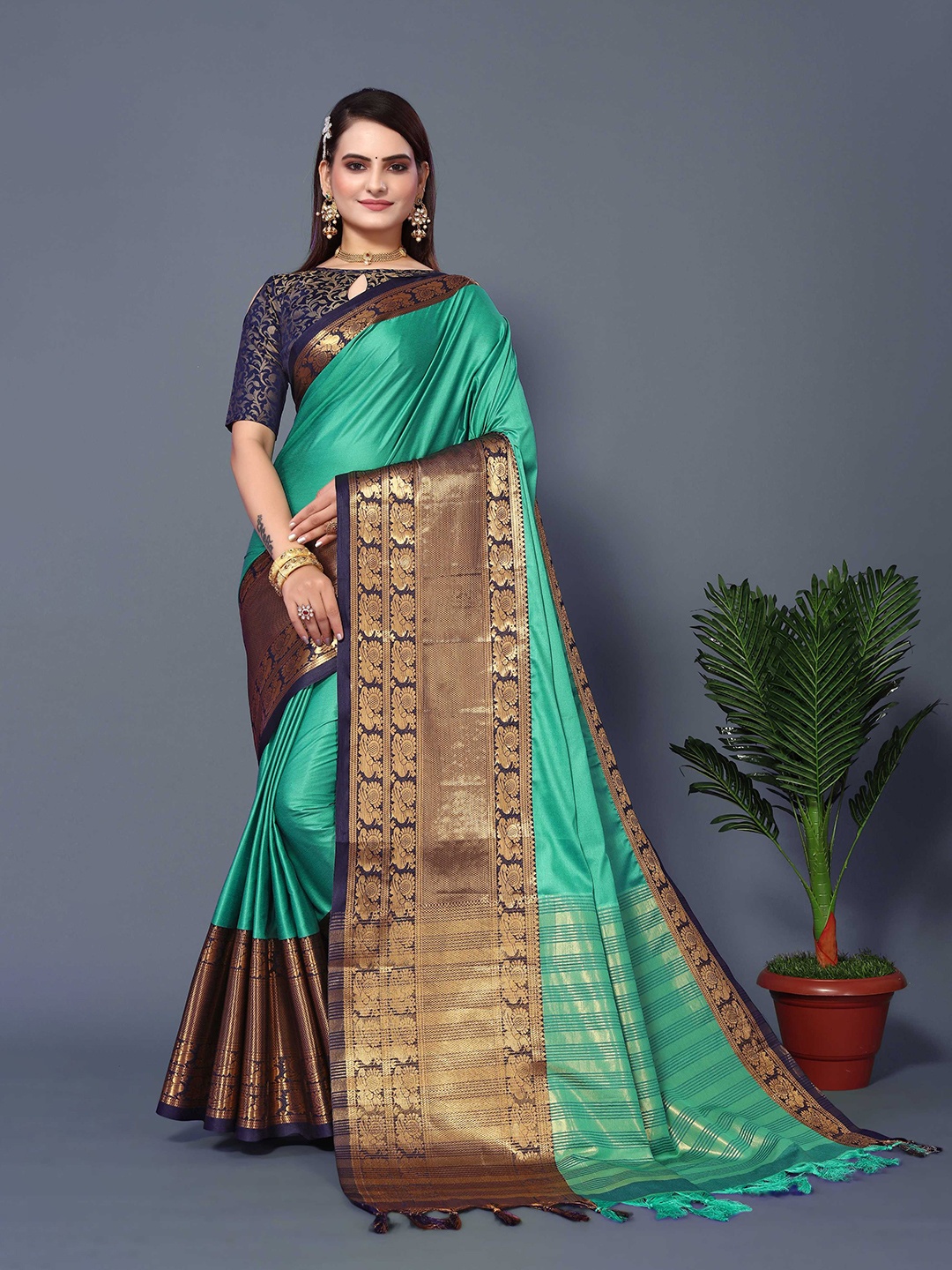 

Mitera Teal & Brown Zari Silk Cotton Banarasi Saree