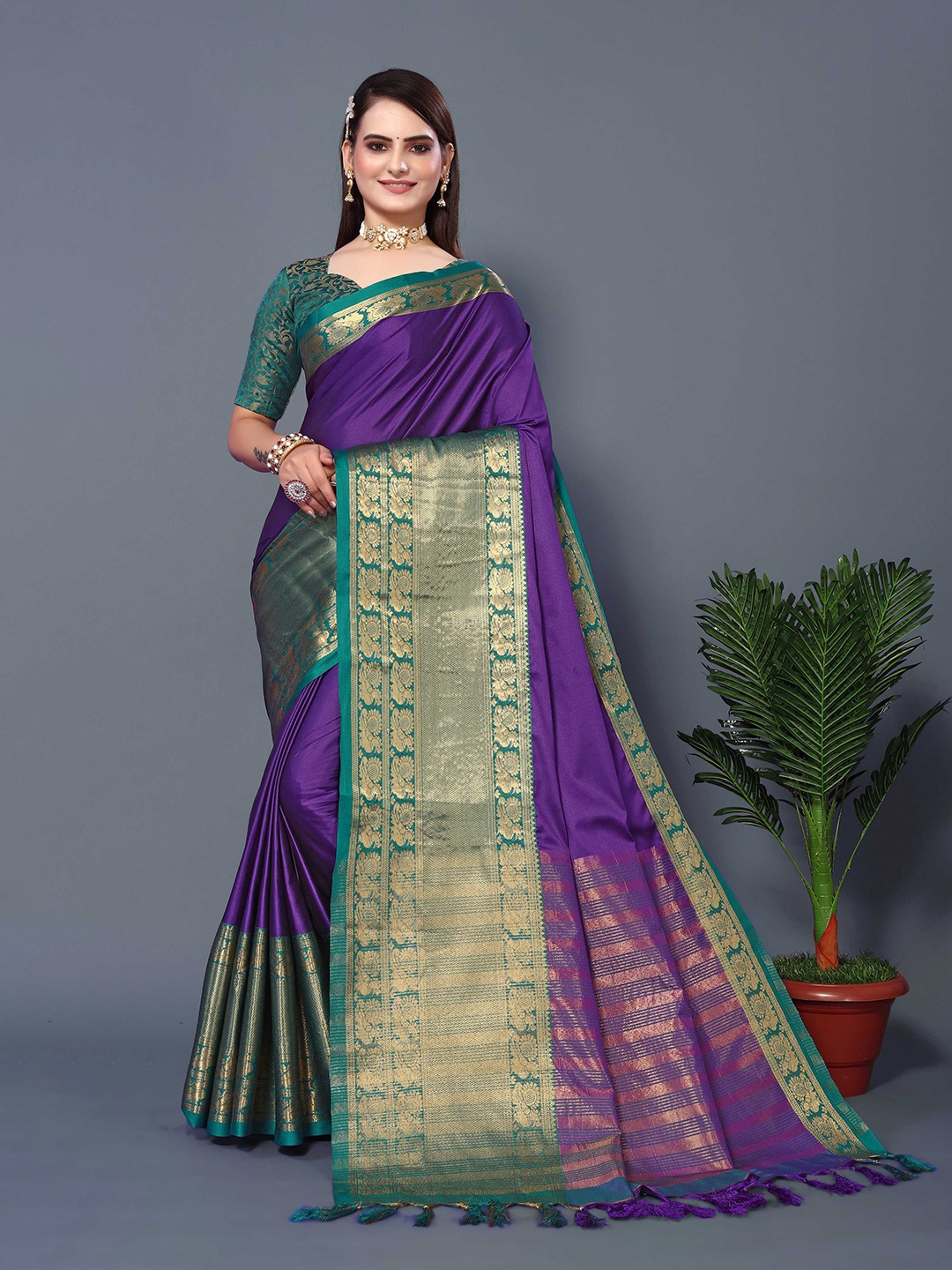 

Mitera Woven Design Zari Silk Cotton Banarasi Saree, Purple