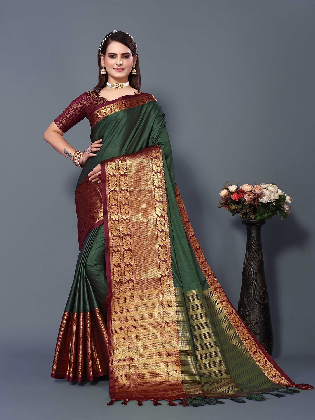 

Mitera Blue & Maroon Woven Design Zari Silk Cotton Banarasi Saree, Green