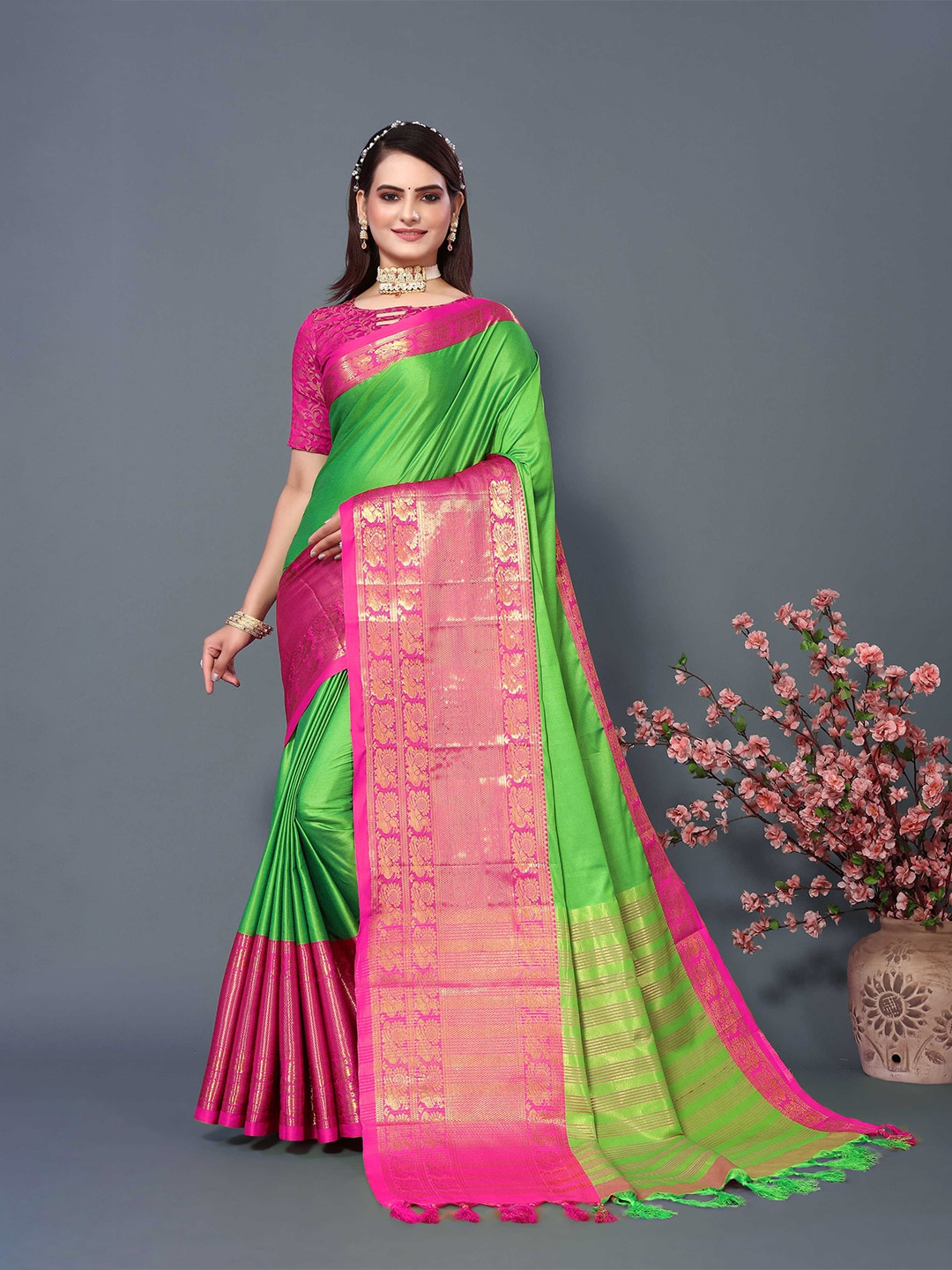 

Mitera Green & Pink Ethnic Motifs Woven Design Zari Banarasi Saree