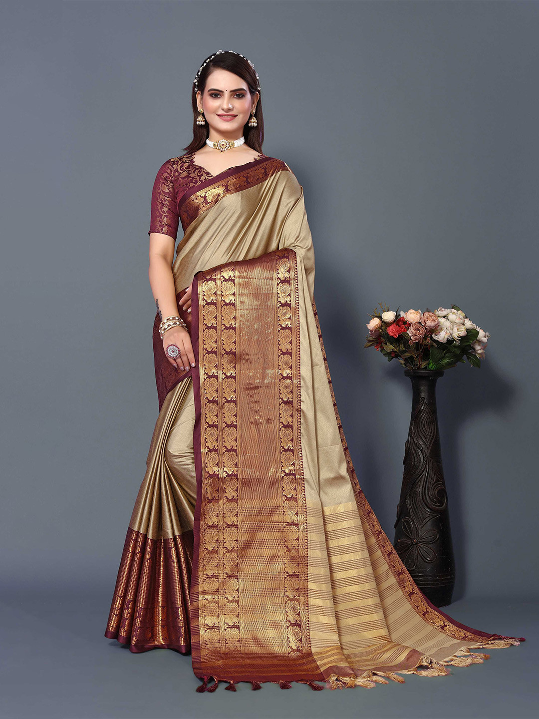

Mitera Woven Design Zari Silk Cotton Banarasi Saree, Beige