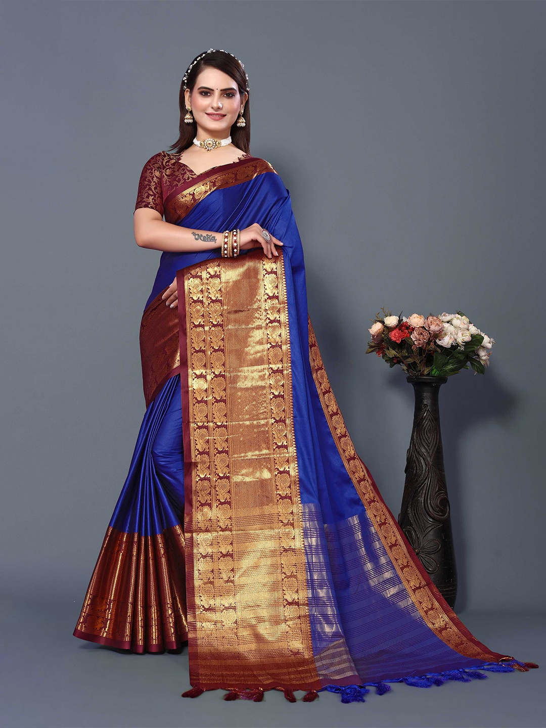 

Mitera Blue & Maroon Woven Design Zari Silk Cotton Banarasi Saree