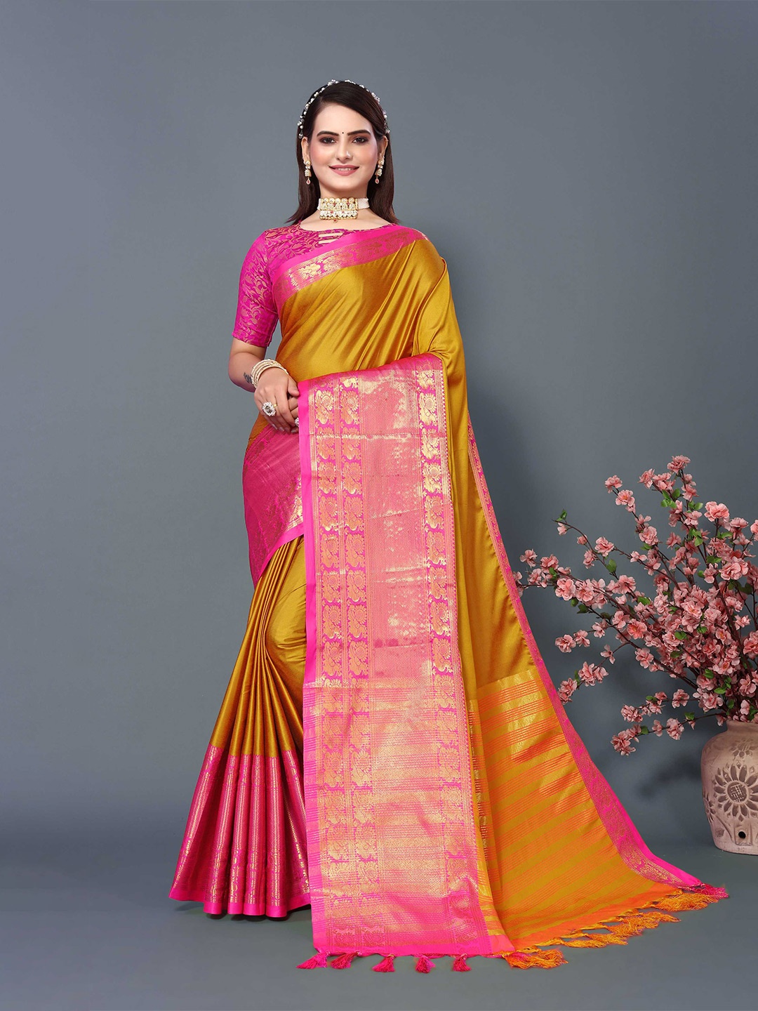 

Mitera Mustard Yellow & Pink Ethnic Motifs Woven Design Zari Banarasi Saree