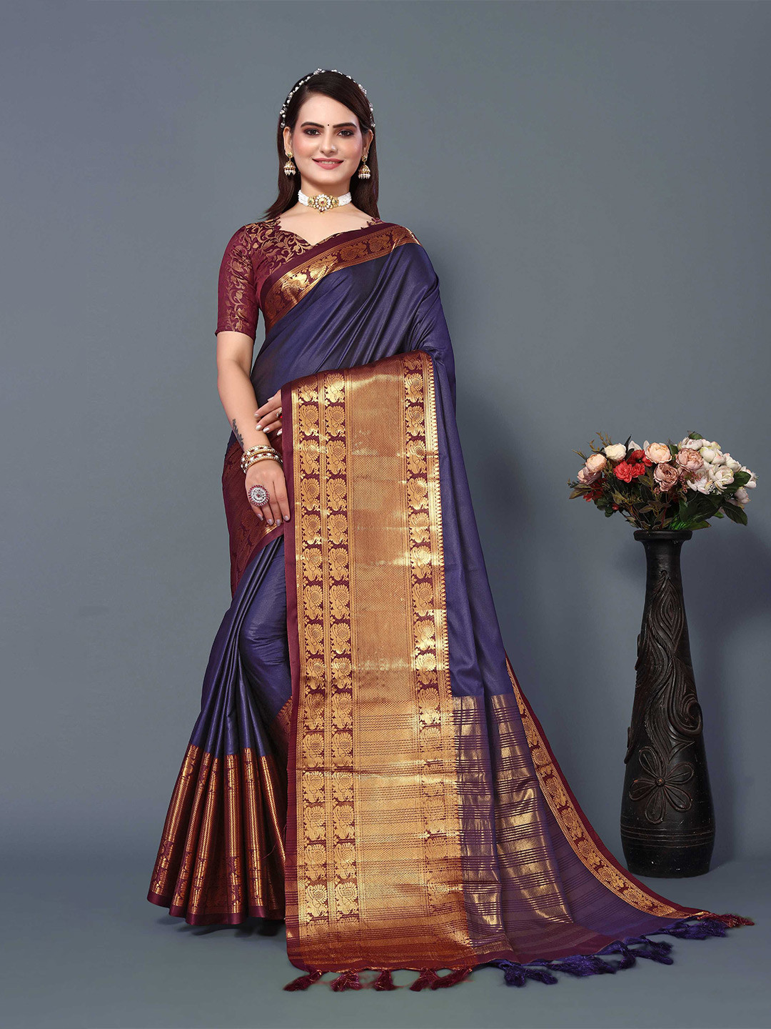 

Mitera Woven Design Zari Silk Cotton Banarasi Saree, Navy blue