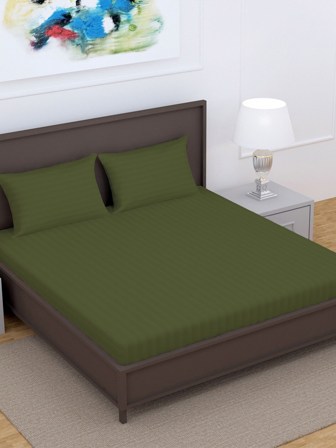 

Divine Casa Green Striped 220 TC Pure Cotton King Bedsheet & 2 Pillow Covers