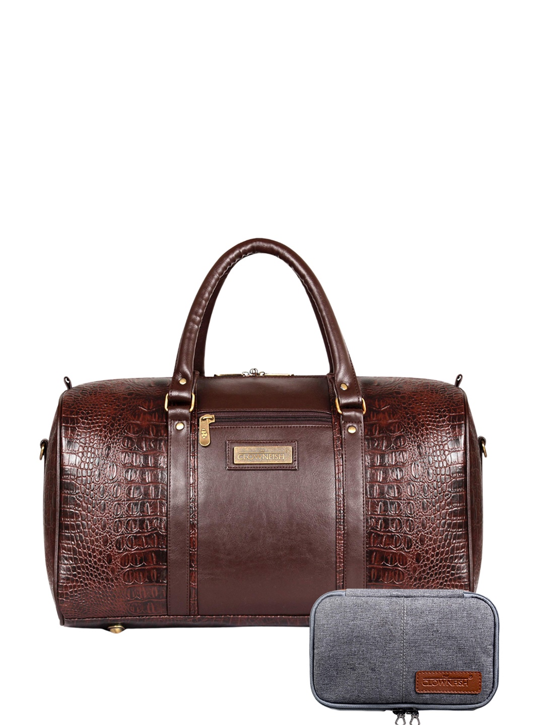 

THE CLOWNFISH Textured Duffel Bag & Travel Pouch, Brown
