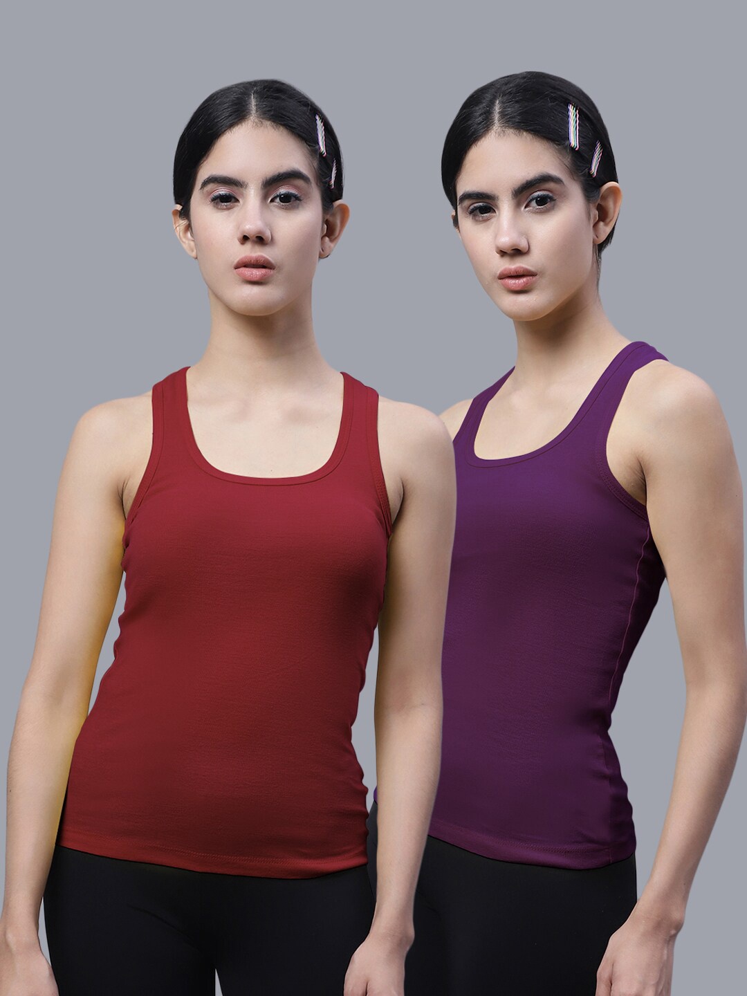 

FBAR Pack Of 2 Scoop Neck Shoulder Straps Bio Wash Cotton Racerback Tank Top, Maroon