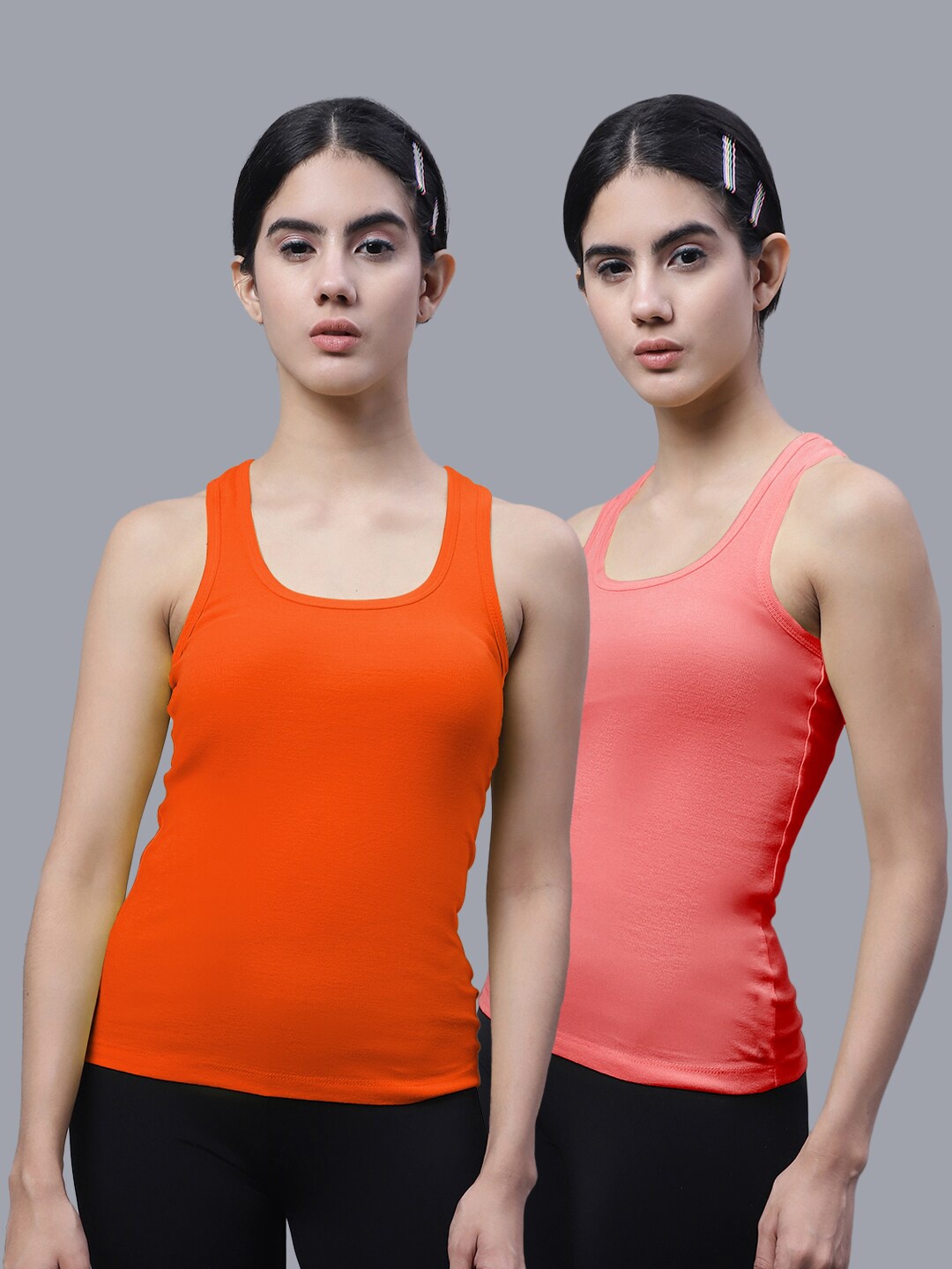 

FBAR Pack Of 2 Scoop Neck Shoulder Straps Bio Wash Cotton Racerback Tank Top, Orange