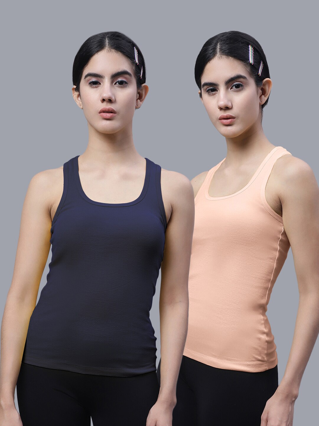 

FBAR Pack Of 2 Racerback Bio Wash Pure Cotton Regular Tank Top, Navy blue