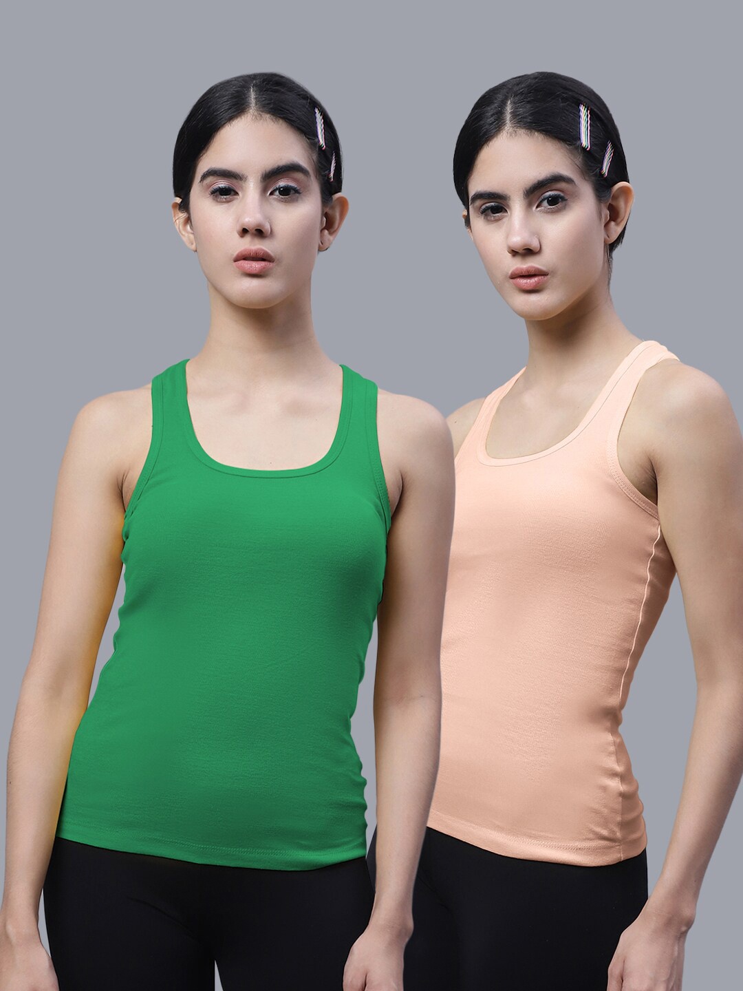 

FBAR Pack Of 2 Scoop Neck Shoulder Straps Bio Wash Cotton Racerback Tank Top, Green