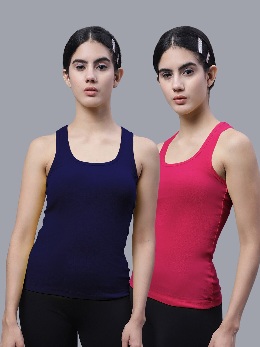 

FBAR Pack Of 2 Scoop Neck Shoulder Straps Bio Wash Cotton Racerback Tank Top, Navy blue