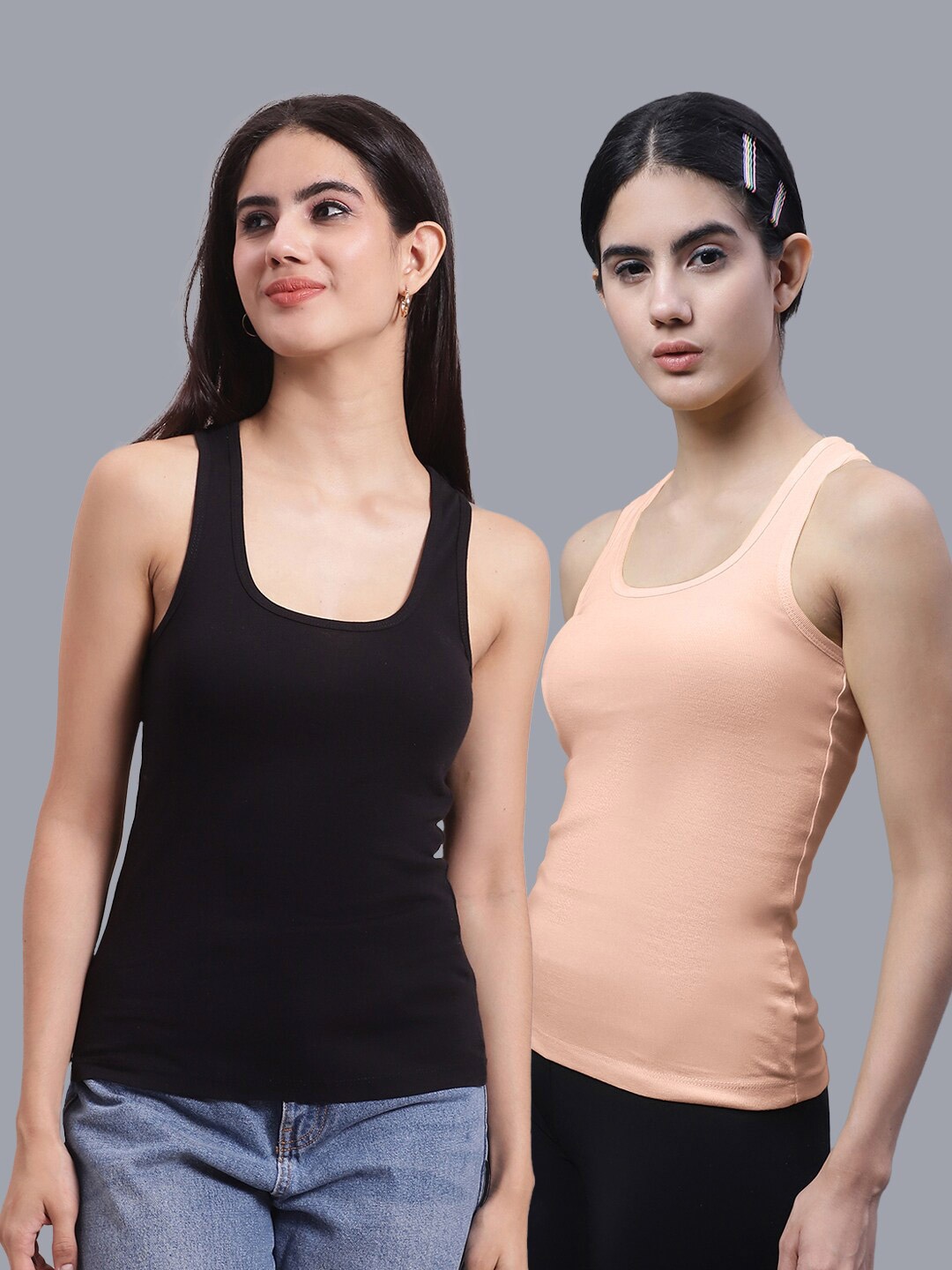 

FBAR Pack Of 2 Scoop Neck Shoulder Straps Bio Wash Cotton Racerback Tank Top, Black