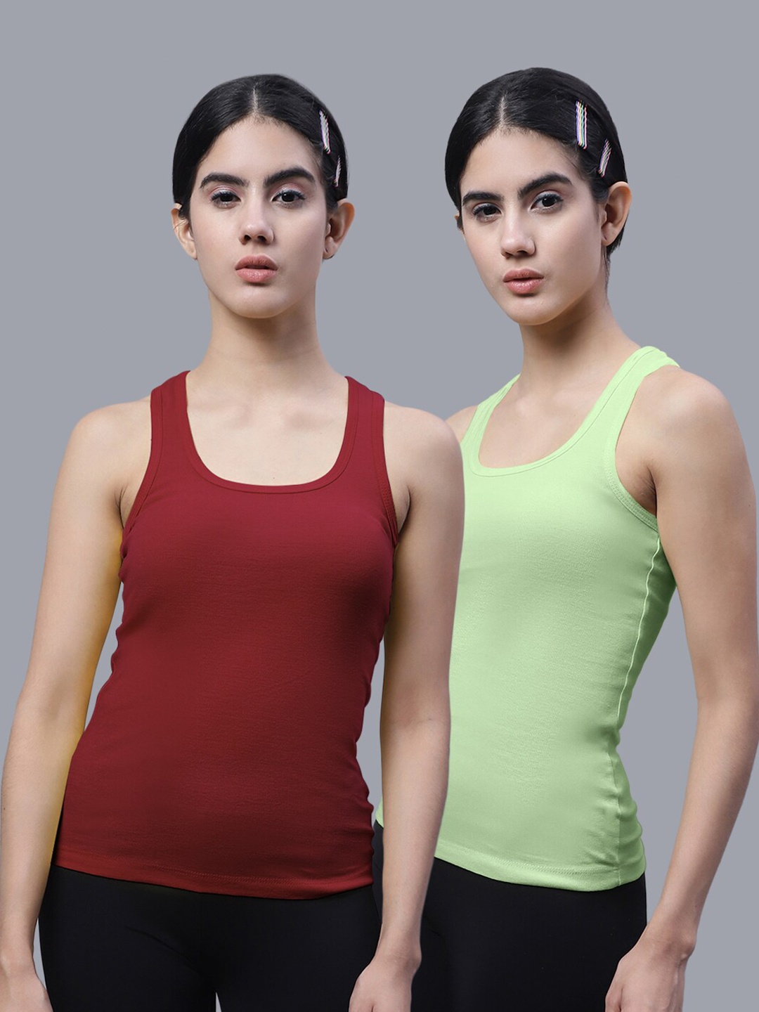 

FBAR Pack Of 2 Scoop Neck Shoulder Straps Bio Wash Cotton Racerback Tank Top, Maroon