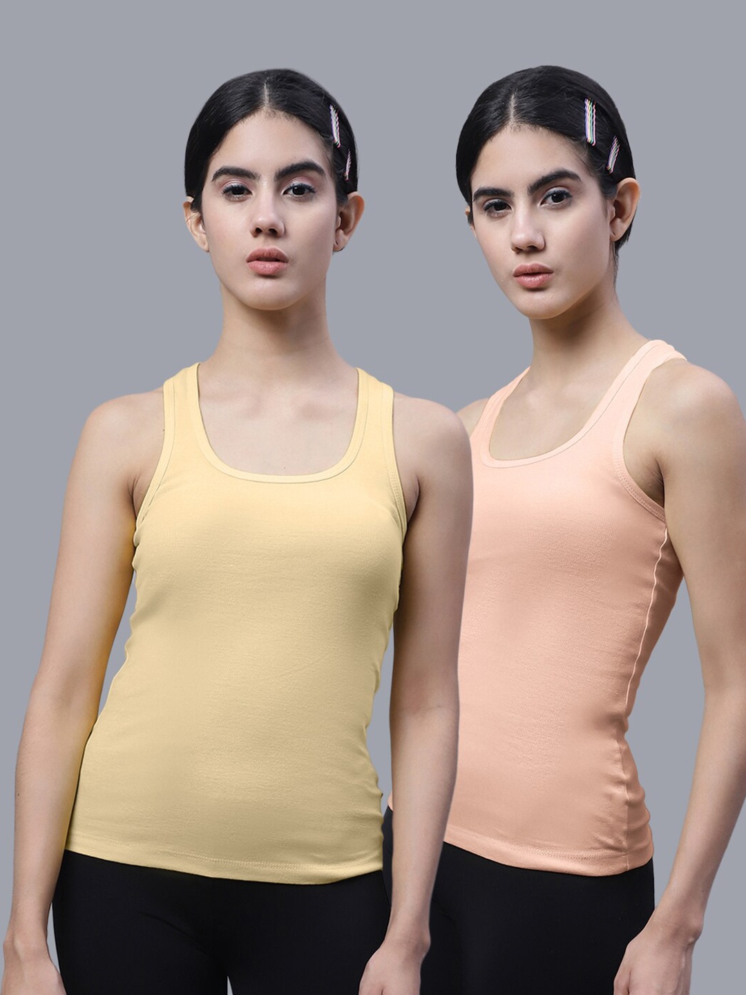 

FBAR Pack Of 2 Scoop Neck Shoulder Straps Bio Wash Cotton Racerback Tank Top, Beige