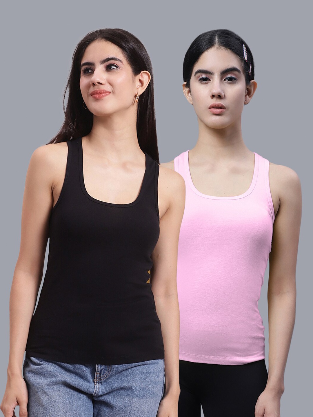 

FBAR Pack Of 2 Scoop Neck Shoulder Straps Bio Wash Cotton Racerback Tank Top, Black