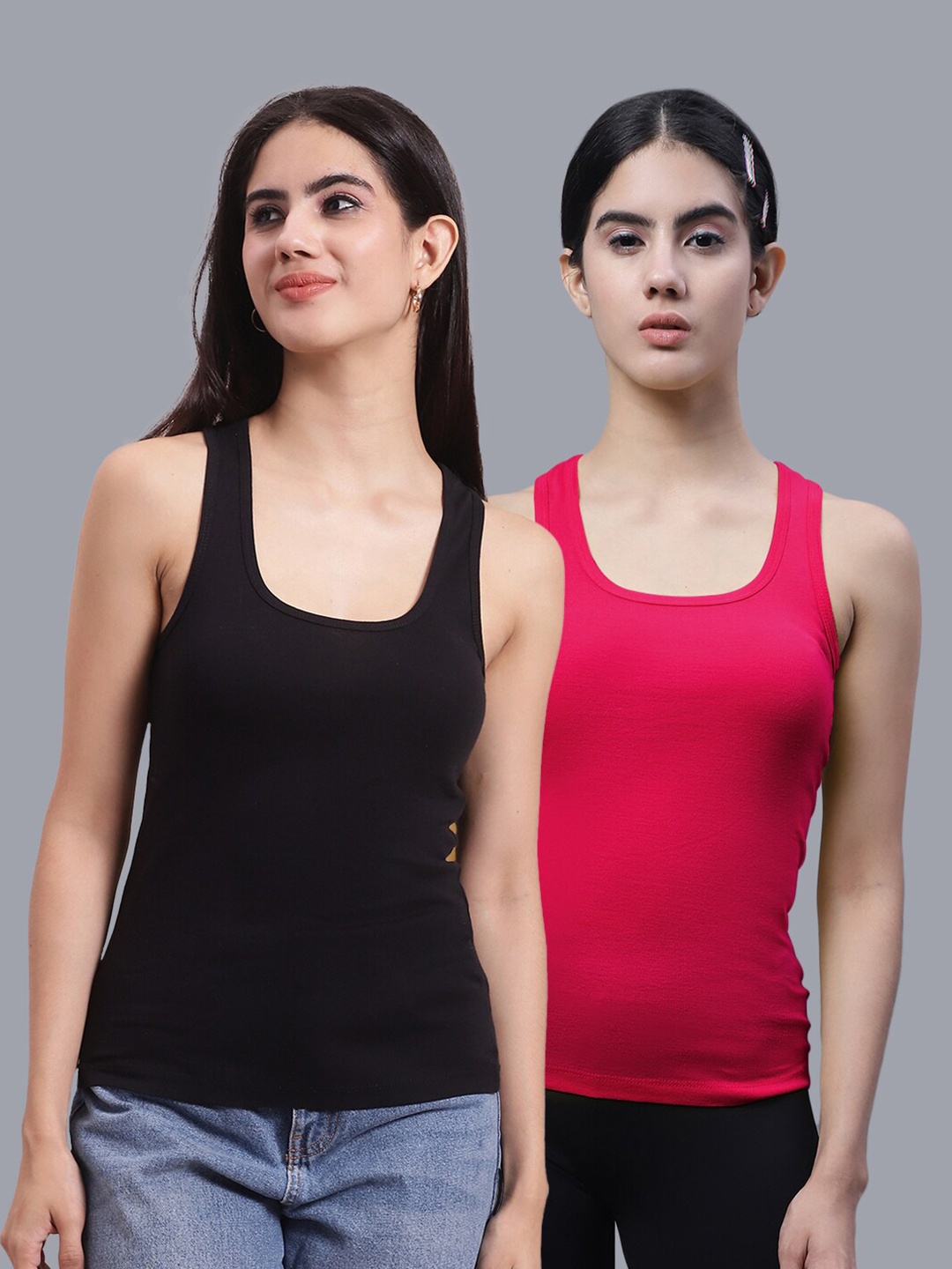 

FBAR Pack Of 2 Scoop Neck Shoulder Straps Bio Wash Cotton Racerback Tank Top, Black