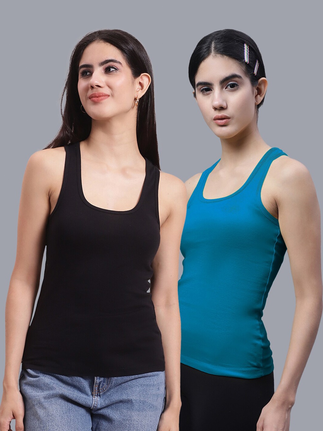 

FBAR Pack Of 2 Racerback Bio Wash Pure Cotton Regular Tank Top, Black