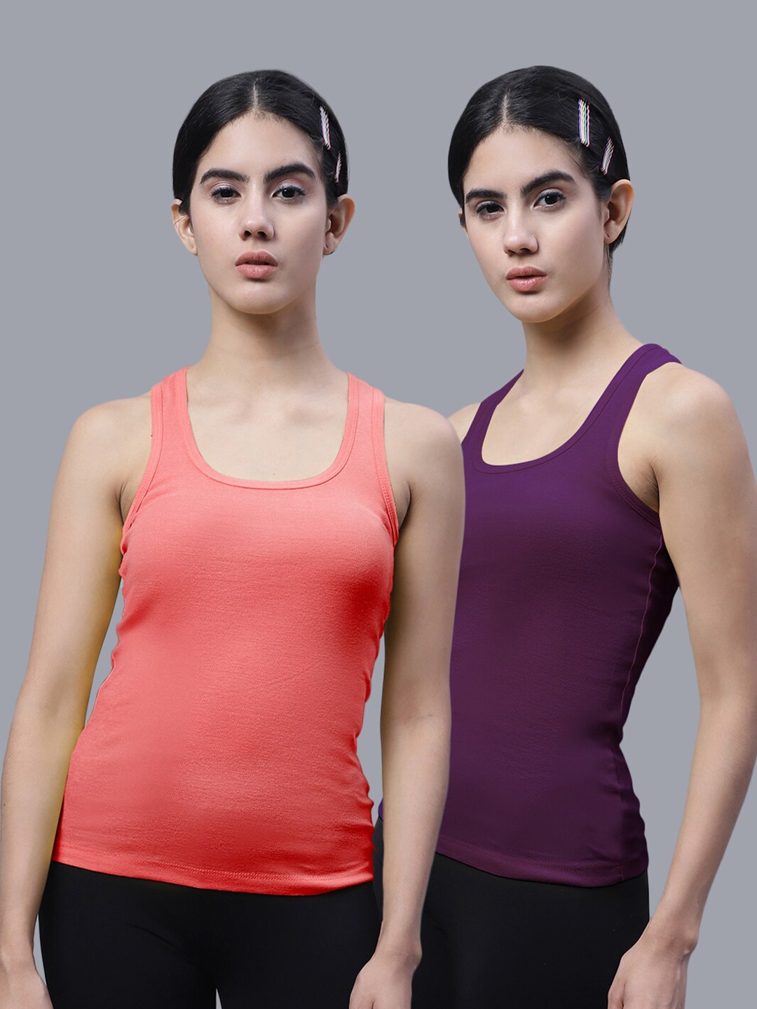 

FBAR Pack Of 2 Racerback Bio Wash Pure Cotton Regular Tank Top, Peach