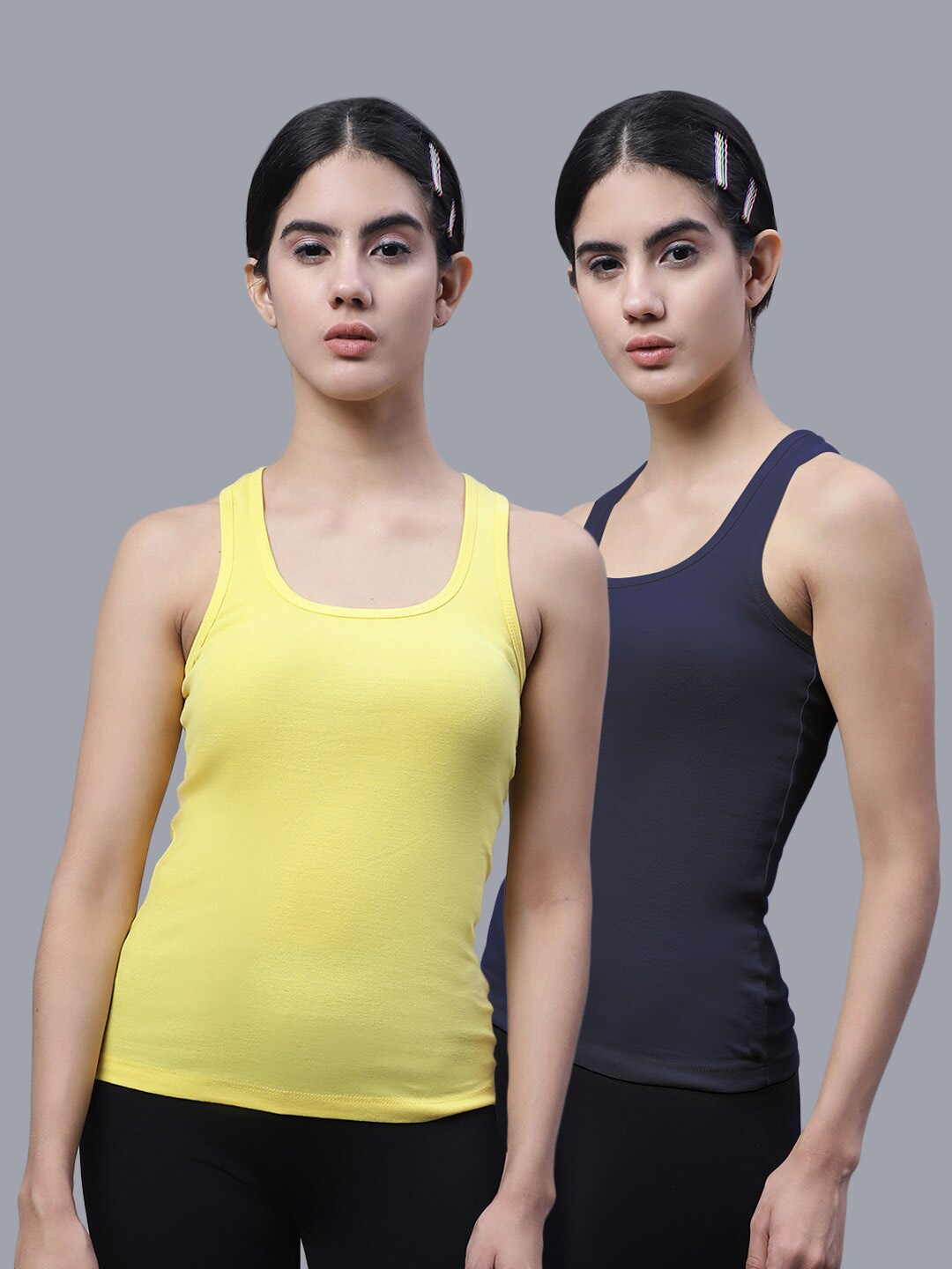 

FBAR Pack Of 2 Scoop Neck Shoulder Straps Bio Wash Cotton Racerback Tank Top, Yellow