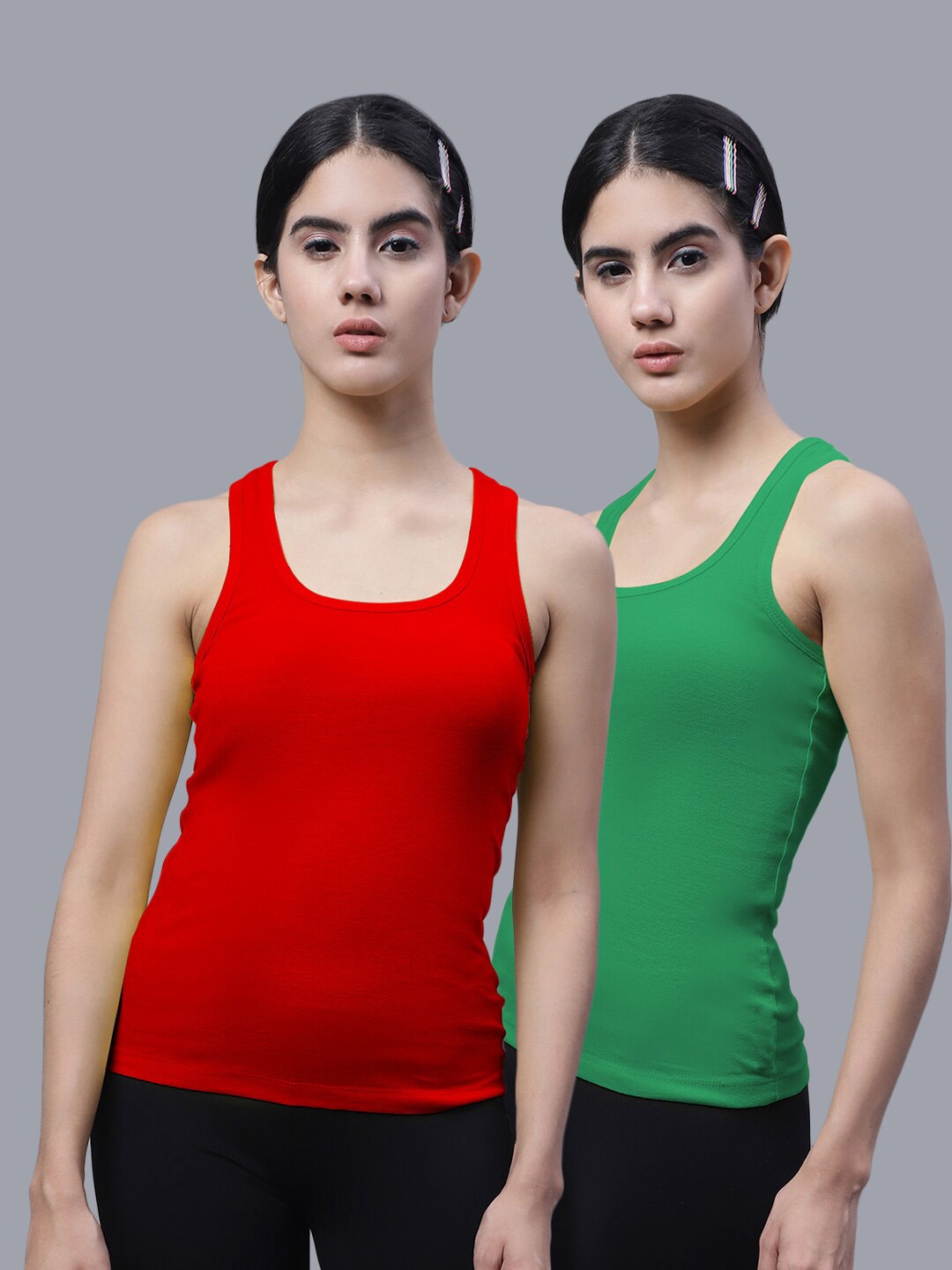 

FBAR Pack Of 2 Scoop Neck Shoulder Straps Bio Wash Cotton Racerback Tank Top, Red