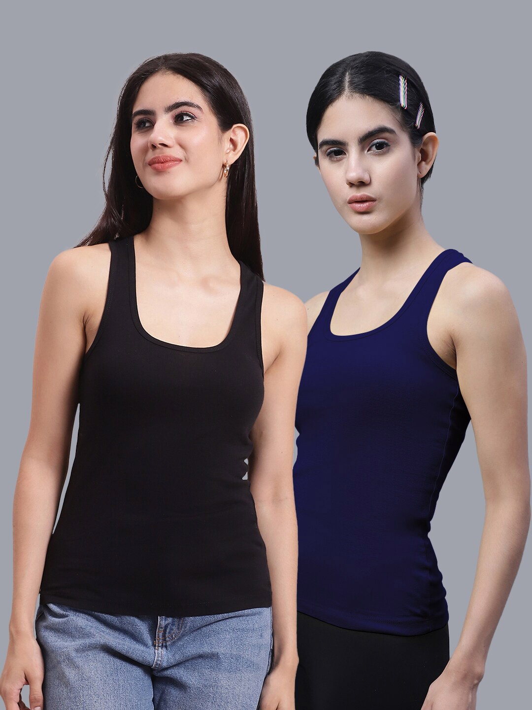 

FBAR Pack Of 2 Scoop Neck Shoulder Straps Bio Wash Cotton Racerback Tank Top, Black