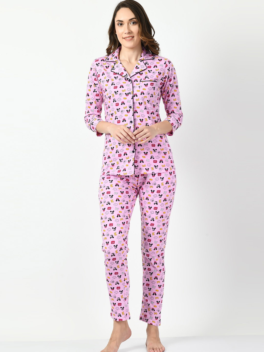 

LADYLAND Women Pink & Black Mickey Mouse Printed Night suit