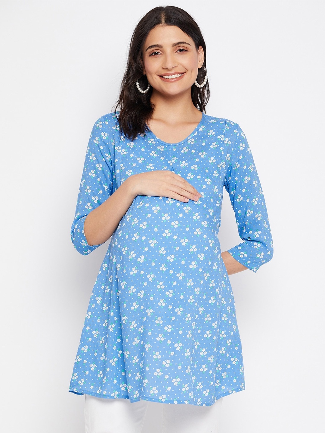 

Hypernation Floral Printed V-Neck Maternity A-Line Kurti, Blue