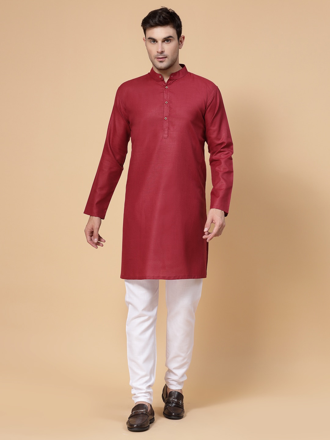 

allan peter Band Collar Straight Cotton Kurta, Maroon