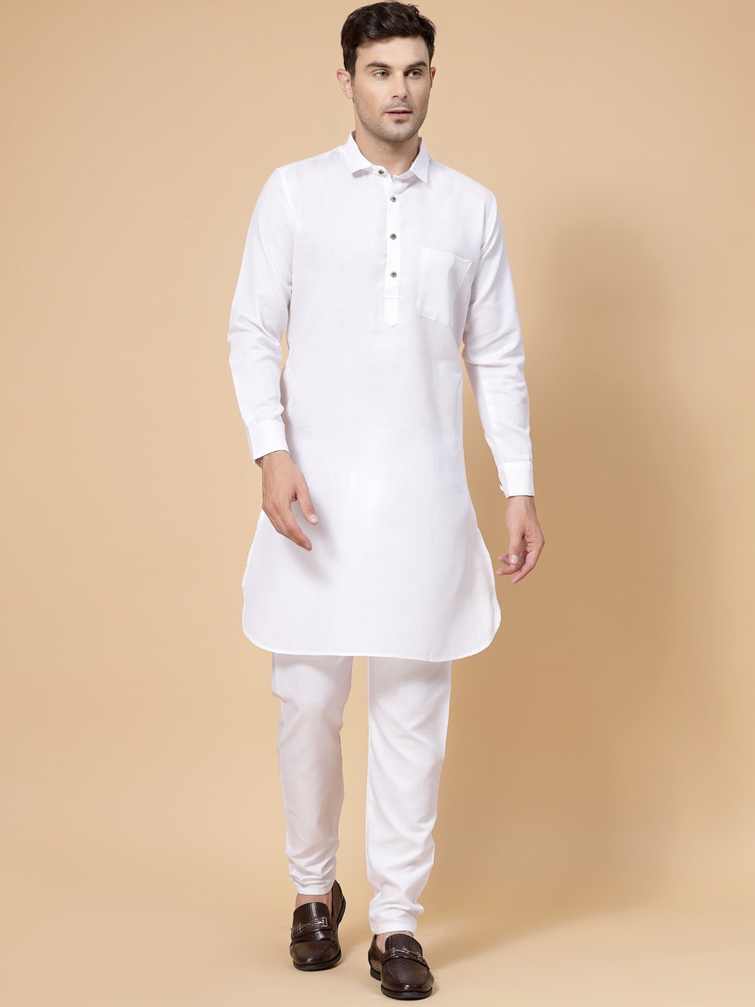 

allan peter Shirt Collar Short Cotton Pathani Kurta, White