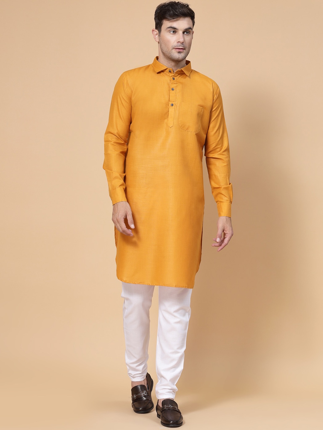 

allan peter Shirt Collar Long Sleeves Cotton Pathani Kurta, Mustard